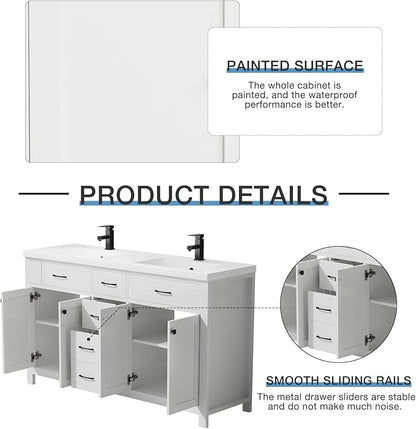 LUCKWIND 60" Bathroom Vanity and Sink Combo, Painted Modern Bathroom Storage Cabinet with Double Large Sink, Four Doors and Three Drawers, Include Faucet, Without Mirror, White
