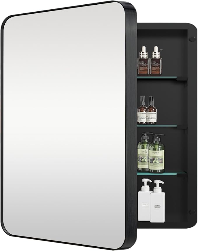 Medicine Cabinet with 24x24 inch Square Mirror, Stainless Steel Black Frame, Bathroom Wall Cabinet with Removable Glass Shelves, Recessed & Surface, Waterproof Bathroom Storage Cabinet