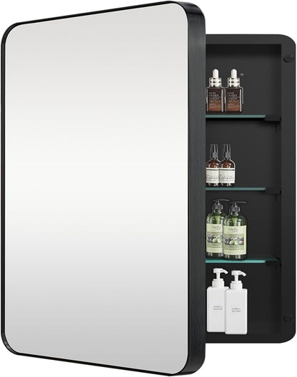 Medicine Cabinet with 24x24 inch Square Mirror, Stainless Steel Black Frame, Bathroom Wall Cabinet with Removable Glass Shelves, Recessed & Surface, Waterproof Bathroom Storage Cabinet