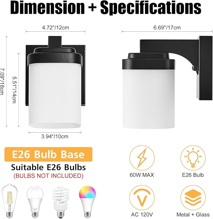 Bathroom Light Fixtures, Vanity Lights Wall Sconces Set of Two | 1-light black bathroom llight fixtures over mirror with milky white square glass shade, 4.72" farmhouse bathroom wall lamps