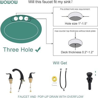 WOWOW Widespread Bathroom Faucet - 3 Hole, Black, 8 Inch Center, Double Handle, High Arc, Lavatory Basin Faucet with Pop Up Drain Assembly