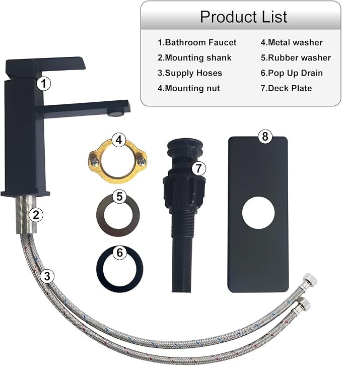 Black Bathroom Faucet Single Hole with Pop-Up Drain | Single Handle Bathroom Sink Faucet with Deck Plate, Suitable for RV, Farmhouse, Vanity Sinks, 1 or 3 Hole Installation