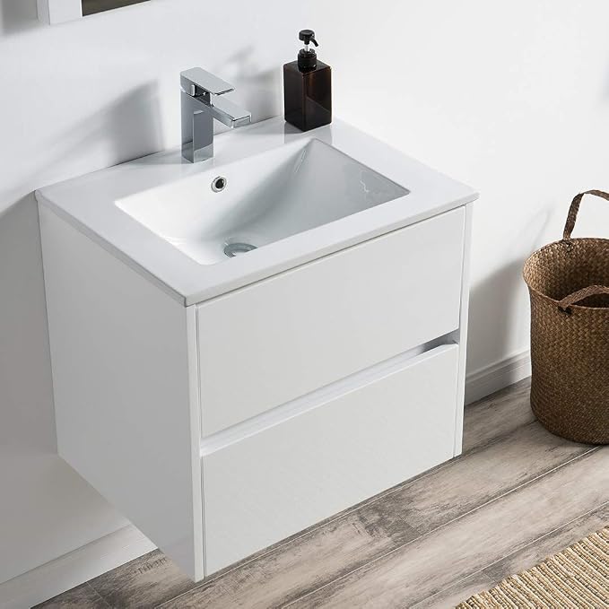 Blossom 24" Modern Bathroom Vanity and Sink Combo - Zero MDF Marine Grade Plywood Wall Mount Vanity - Preassembled Small Space Bathroom Storage, Glossy White Floating Sink Cabinet