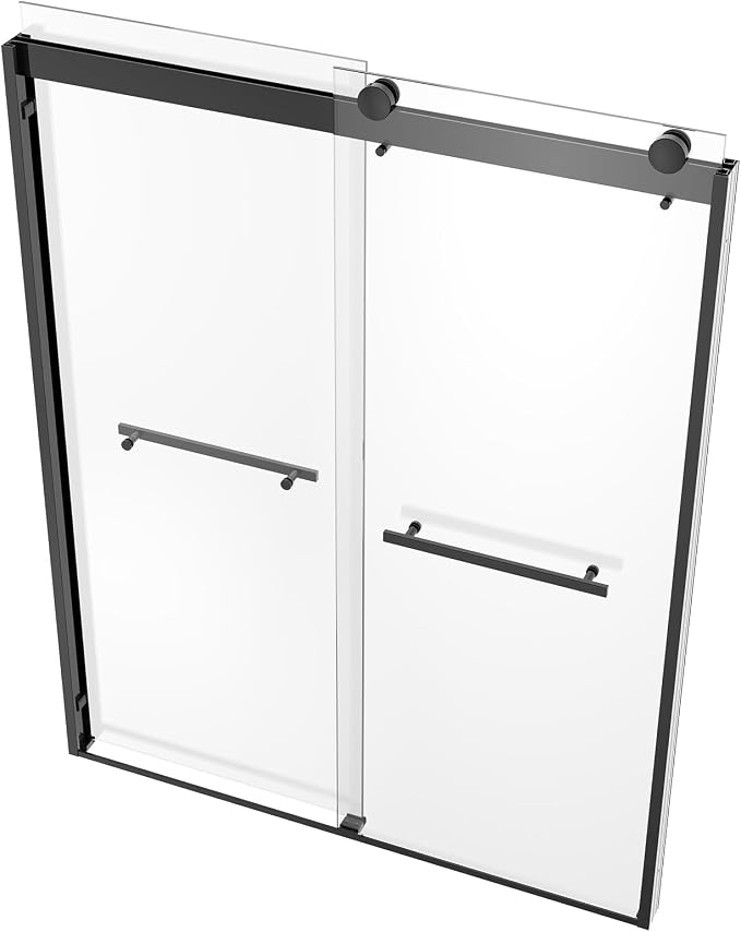Shower Door Double Sliding Semi-Frameless Shower Door 56-60" W × 78" H Sliding Shower Door, 3/8" (10mm) Thick Tempered Clear Glass with Explosion-Proof Film, Bathroom Glass Door, Matte Black