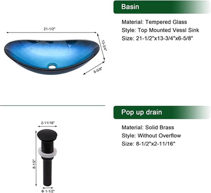 Sarlai Blue Boat Shap Bathroom Vessel Sink with Black Faucet and Pop Drain 21 x 14 Inch Modern Artistic Tempered Glass Basin Countertop Bowl Sink