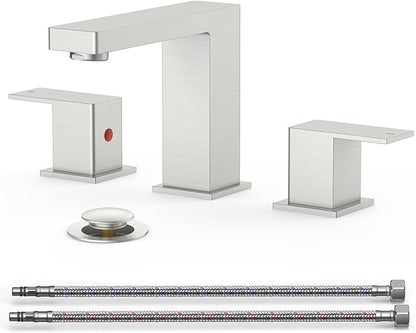 QFN Lead-Free Brushed Nickel Bathroom Faucet 3 Hole, Square Bathroom Sink Faucet 8 Inch Widespread, 2 Handle for 6"-12" Vanity Sink with Metal Pop Up Drain and 24" cUPC Supply Hoses