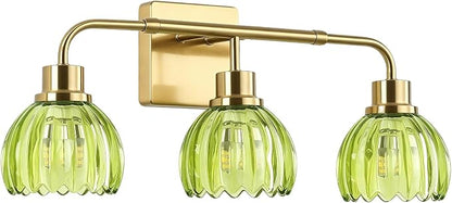 Ralbay Vintage Bathroom Light Fixtures,Gold Bathroom Vanity Light,Matte Antique Brass Finish with Green Crystal Glass Shade,Wall Sconces Lighting for Bedroom,Living Room,Hallway(3-Light)