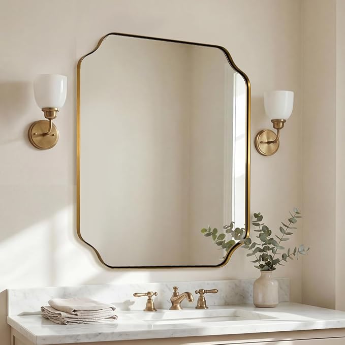 30"x36" Gold Bathroom Mirror, Brushed Brass Rectangle Mirror for Bathroom, Scalloped Vanity Mirror in Anti-Rust Stainless Steel Metal Thin Frame, Wall Mount Vertical or Horizontal