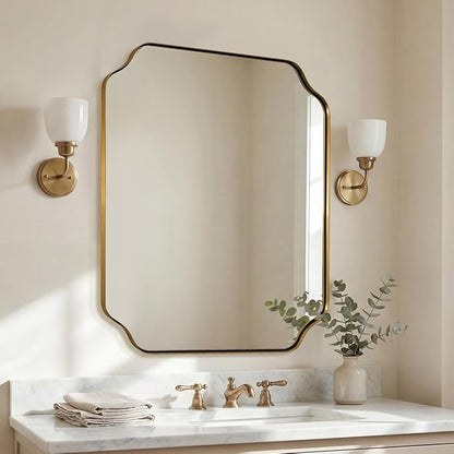 30"x36" Gold Bathroom Mirror, Brushed Brass Rectangle Mirror for Bathroom, Scalloped Vanity Mirror in Anti-Rust Stainless Steel Metal Thin Frame, Wall Mount Vertical or Horizontal