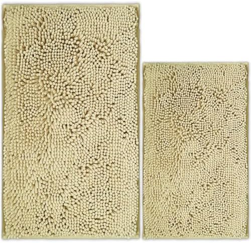 Bathroom Rugs Chenille Bath mat 2 Piece Set, Super Absorbent, PVC Non Slip Backing, Bath mats for Bathroom, Plush Shaggy, Thick, Machine Washable, Bathtub, Shower, Toilet.(Beige)