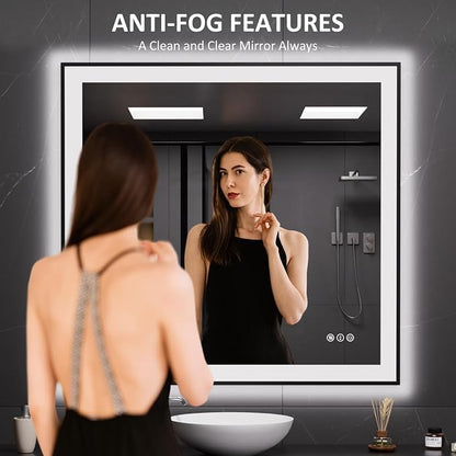 LOAAO 40"X38" LED Bathroom Mirror Black Framed | Anti-Fog, Dimmable, Memory Function, Tempered Glass, Lighted Vanity Mirror for Wall