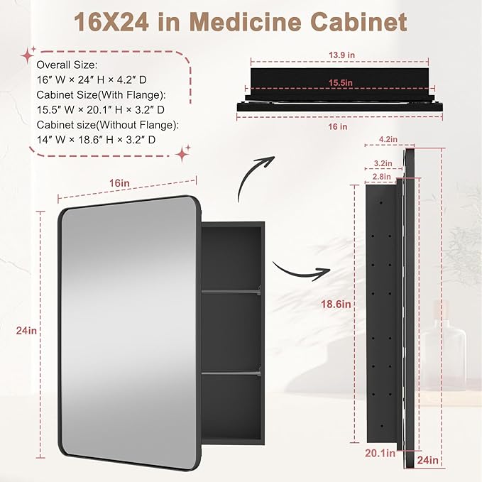 16x24 in Medicine Cabinet with Mirror for Bathroom, Matte Black | Fully Assembled; Recessed or Surface Wall Mount; Metal Cabinet with Tempered Glass Mirror and Two Adjustable Glass Shelves
