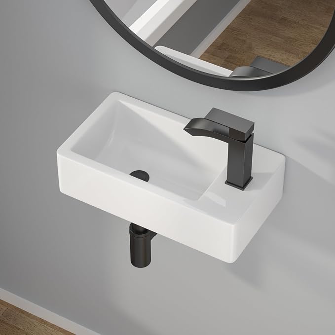Wallmounted Bathroom Vessel Sink - 18"x10" Rectangular Floating Wall Hung Sinks Ceramic Wash Hand Basin White Wall Mount Vanity Sink for Small Bathroom