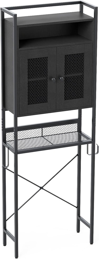 BECOMFORT 5-Tier Over the Toilet Storage Cabinet, Above Toilet Bathroom Shelf with Metal Stand, Mesh Grid Doors, Toilet Paper Holder & Hook, Freestanding Space Saver (Black)