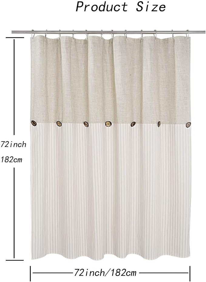 DOSLY IDÉES Farmhouse Shower Curtain, Beige and Beige Stripe, Button Curtain, Linen and Cotton Blend Fabric, Rustic Charm Country Chic Style, 72x72 in