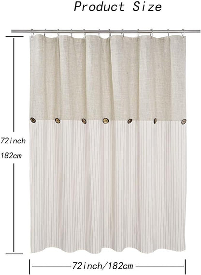 DOSLY IDÉES Farmhouse Shower Curtain, Beige and Beige Stripe, Button Curtain, Linen and Cotton Blend Fabric, Rustic Charm Country Chic Style, 72x72 in