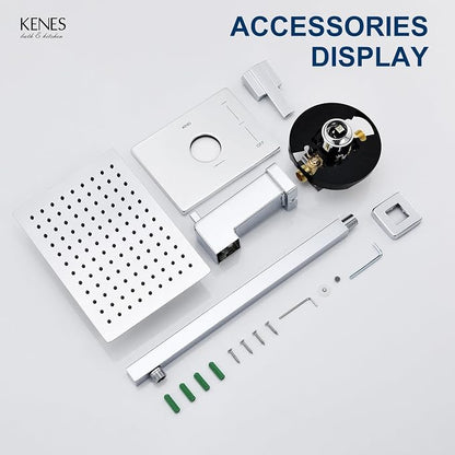 KENES Chrome Shower Set with Tub Faucet, Square Tub Shower Faucet Set | Shower Faucet with 10-Inch Rain Shower Head, Square Shower System, Valve Included, Lead-Free cUPC & NSF Certified, Stainless