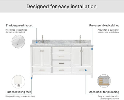 ARIEL Cambridge 66-inch Bathroom Vanity with Sink,Solid Wood, 0.75-inch Italian Carrara Marble Countertop, Double Rectangular Porcelain Sink, 4 Soft Closing Doors, 6 Dovetail Drawers, White