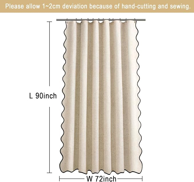 Scalloped Shower Curtain Linen Boho Beige 72" W x 90" L | Linen Fabric, Black Border, Washable, Heavy Duty Cloth, Shower Curtain for Boho Farmhouse Bathroom Bathtub