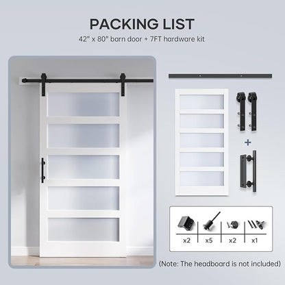 42x80 Inch Glass Sliding Barn Door Slab and 7ft Hardware Kit Included, 5 Frosted Glass, LVL Wood Panel Covered with White Water-Proof Scratch-Proof PVC Surface, Simple DIY Assembly