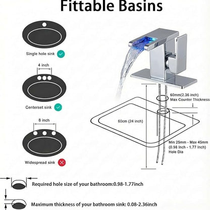 LED Bathroom Sink Faucet, Chrome Waterfall Single Hole Handle Vanity Faucets for Sinks 1 Hole with Metal Pop Up Drain and 2 Water Supply Lines, Side Handle