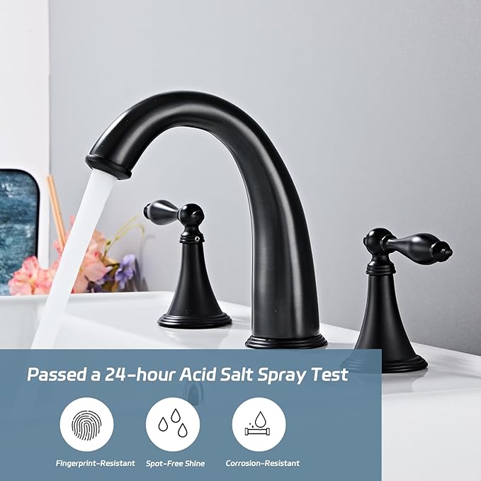 Matt Black Bathroom Faucet Widespread 3 Hole, 6–16 Inch Vanity Sink Faucet with 2 Handles, Drip-Free Ceramic Disc Valve, Solid Brass, Push Pop-Up Drain Assembly Included
