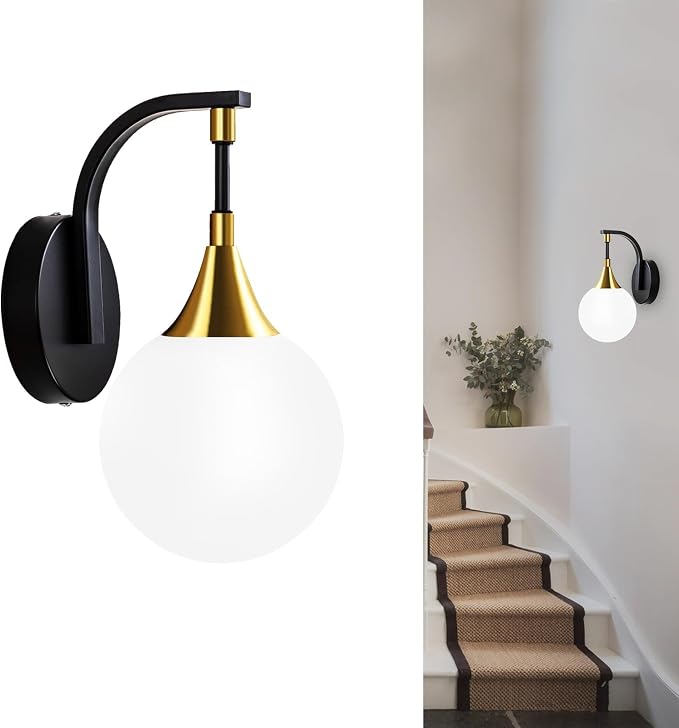 1-Light Bathroom Wall Sconce, Black and Gold Vanity Lighting | with White Milk Globe Glass Shade, Modern Wall Light Fixture for Bedroom Hallway Bathroom Kitchen