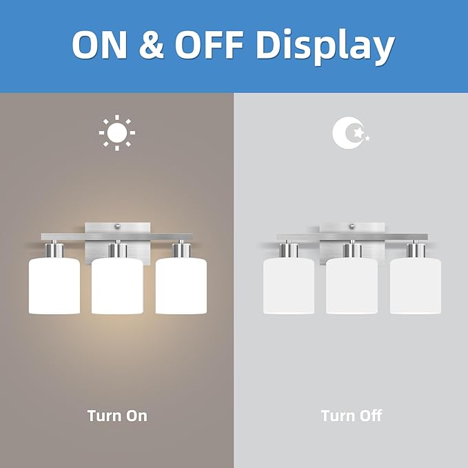 SILAMPDI Bathroom Light Fixtures Brushed Nickel, 3-Light Bathroom Lights Over Mirror, Bathroom Vanity Lights for Bedroom, Living Room, Hallway, Milky White Glass Shades, E26 Base, Bulbs Not Included