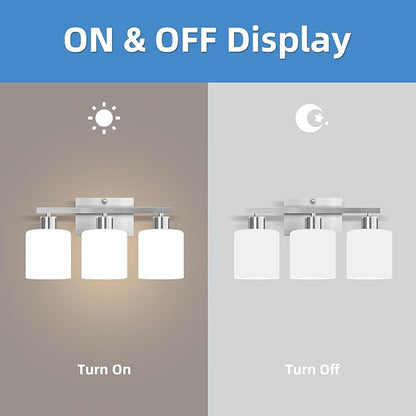 SILAMPDI Bathroom Light Fixtures Brushed Nickel, 3-Light Bathroom Lights Over Mirror, Bathroom Vanity Lights for Bedroom, Living Room, Hallway, Milky White Glass Shades, E26 Base, Bulbs Not Included