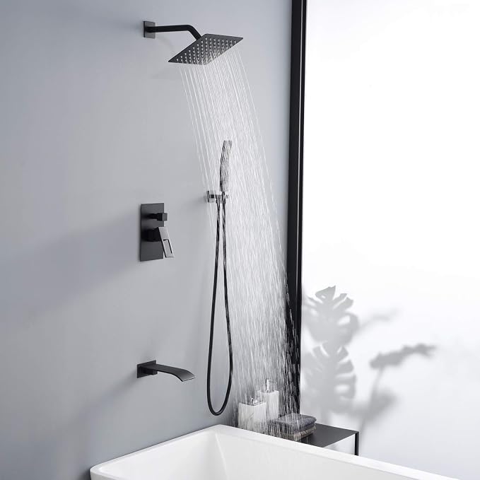 SUMERAIN Matte Black Rain Shower Faucet System with Waterfall Tub Spout | 8" Rain Shower Head, Brass Handheld Shower, Anti-scalding Pressure Balance Valve, Rough-In Valve Included