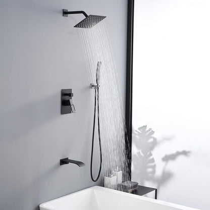 SUMERAIN Matte Black Rain Shower Faucet System with Waterfall Tub Spout | 8" Rain Shower Head, Brass Handheld Shower, Anti-scalding Pressure Balance Valve, Rough-In Valve Included