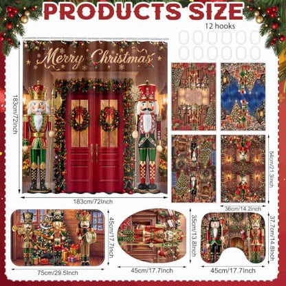 FuWeave 8 Pcs Christmas Shower Curtain Set for Bathroom Decor Include Vintage Nutcracker Xmas Tree Towels Christmas Non Slip Wreath Gift Rugs Toilet Lid Cover Poinsettia Bath Mat and 12 Hooks
