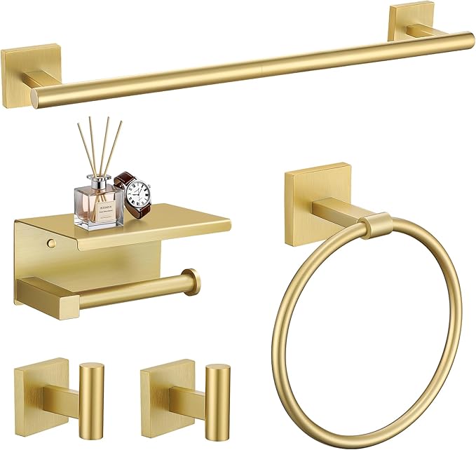 TURS 5-Pieces Brushed Gold Bathroom Hardware Set 23.6 Inch SUS304 Stainless Steel Towel Bar Set Wall Mounted Square Toilet Paper Holder with Shelf