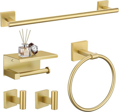 TURS 5-Pieces Brushed Gold Bathroom Hardware Set 23.6 Inch SUS304 Stainless Steel Towel Bar Set Wall Mounted Square Toilet Paper Holder with Shelf