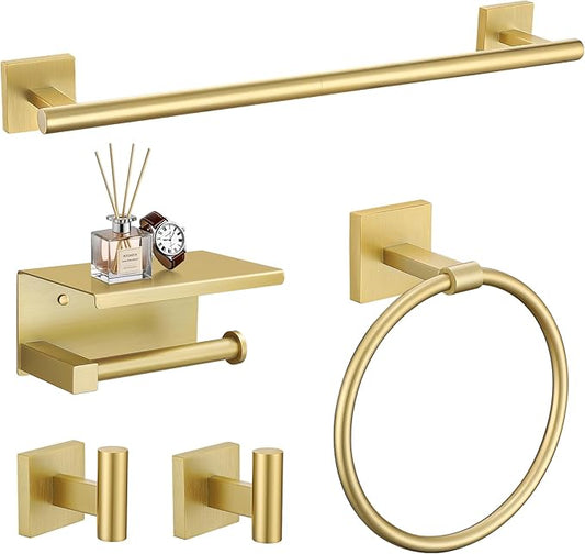 TURS 5-Pieces Brushed Gold Bathroom Hardware Set 23.6 Inch SUS304 Stainless Steel Towel Bar Set Wall Mounted Square Toilet Paper Holder with Shelf