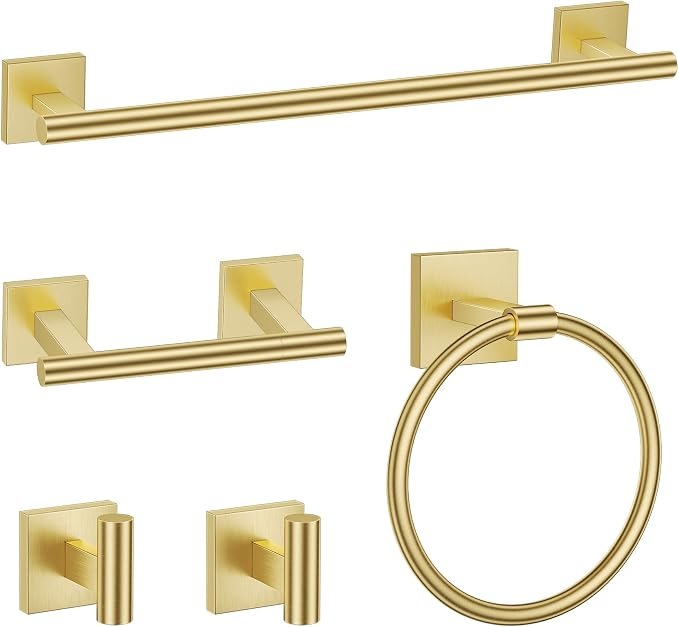 TURS Brushed Gold 5 Piece Bathroom Hardware Accessories Set, SUS304 Stainless Steel Bath Towel Bar Set, 24 Inch Round Bathroom Towel Holder Set Wall Mounted