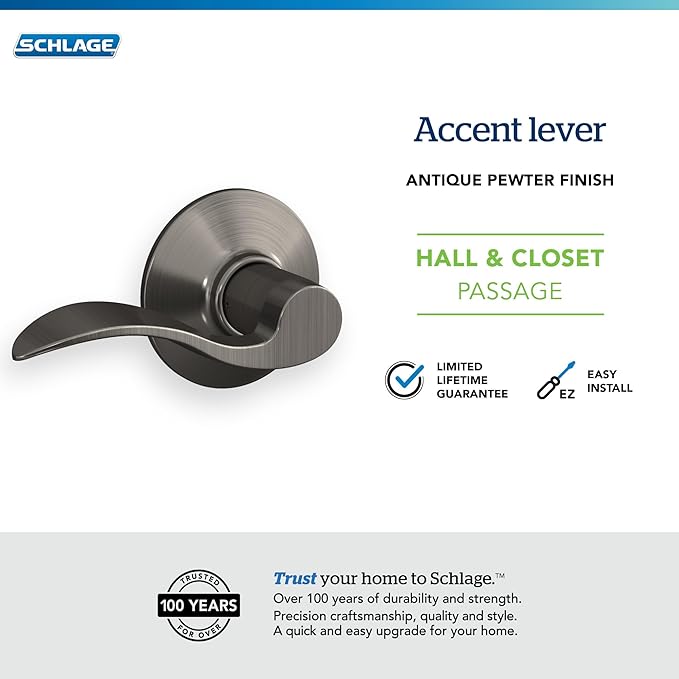 SCHLAGE Lock Company Acc 620 SCHLAGE Accent F10 Flat Wave Reversible Door Lever Lock, Solid, Antique Pewter, Brass - F10 ACC 620