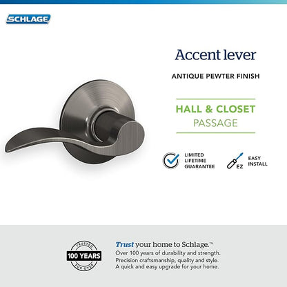 SCHLAGE Lock Company Acc 620 SCHLAGE Accent F10 Flat Wave Reversible Door Lever Lock, Solid, Antique Pewter, Brass - F10 ACC 620