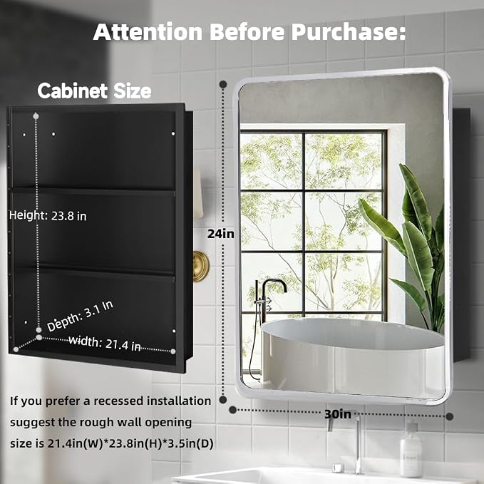Movo 24x30 Inch Black Metal Framed Bathroom Mirror Medicine Cabinet Rectangle Tilting Beveled Vanity Mirrors Recess or Surface Mount Installation Chrome