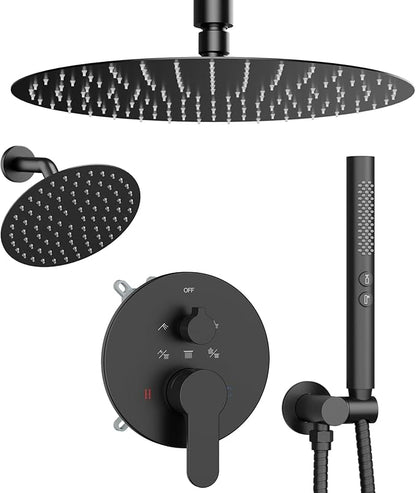 Shower Systems Shower Faucet Sets STARBATH 3 Way 12+6" Round Dual Rainfall Shower Head with Handheld Spray Combo, Ceiling Mounted Rain Shower Valve with 5 Diverter and Trim Kit Complete, Matte Black