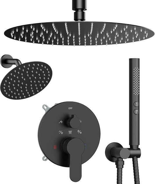 Shower Systems Shower Faucet Sets STARBATH 3 Way 12+6" Round Dual Rainfall Shower Head with Handheld Spray Combo, Ceiling Mounted Rain Shower Valve with 5 Diverter and Trim Kit Complete, Matte Black