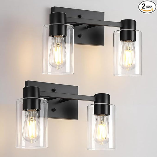 2 Pack Matte Black Bathroom Light Fixtures,2-Light Bathroom Vanity Light with Clear Glass Shade,Modern Farmhouse Wall Sconces Lighting for Bedroom Cabinet Over Mirror Kitchen Living Room