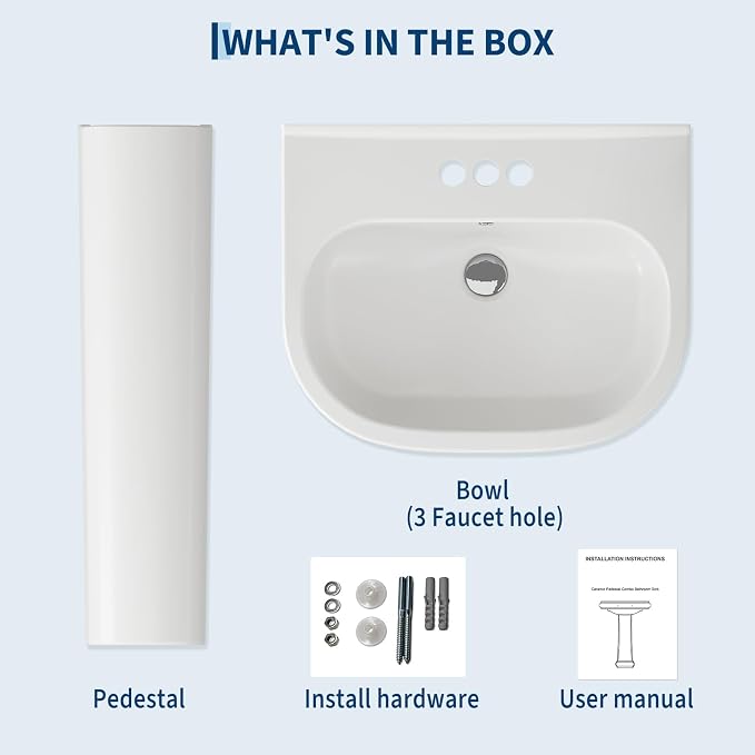 22" x 17" Pedestal Sink – White Ceramic Rectangular Bathroom Vanity with Overflow, Bathroom Pedestal Sink with 3 Pre-Drilled Holes for 4 in Faucets