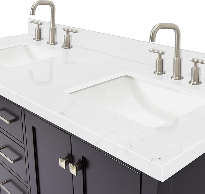 ARIEL Cambridge 60-inch Bathroom Vanity with Sink,Solid Wood, 1.5-inch Carrara White Quartz Countertop, Double Rectangular Porcelain Sink, 4 Soft Closing Doors, 6 Dovetail Drawers, Espresso