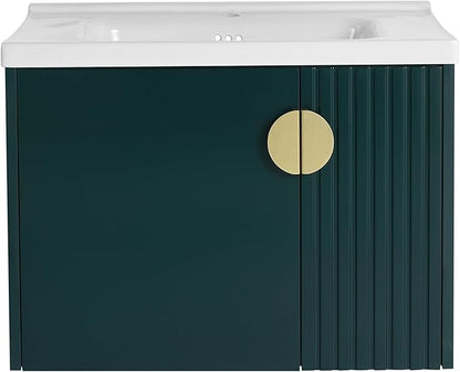 SSLine 28" Wall-Mount Bathroom Vanity Modern Floating Bathroom Vanity Set with Ceramic Sink Basin & Storage Cabinet 28-Inch Luxury Green Small Bathroom Vanities with Round Metal Handles