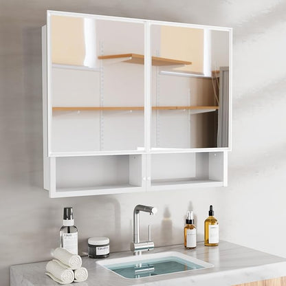32 x 26 Inches Bathroom Medicine Cabinet with Mirror, Double Door Wall Mounted Mirror Cabinet, Surface or Recessed Mount White Bathroom Storage Cabinet