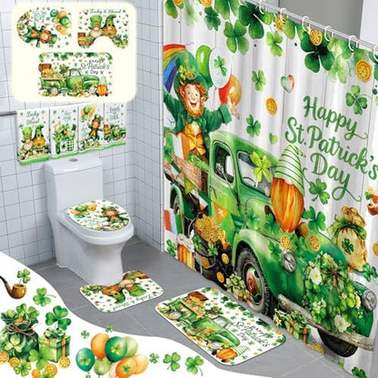 FuWeave 8 Pcs St. Patrick's Day Shower Curtain Sets for Bathroom Decor Shamrock Bathroom Accessories Irish Lucky Clover Green Shower Curtain Sets with Towels Carpet Bath Mat Toilet Rugs and 12 Hooks