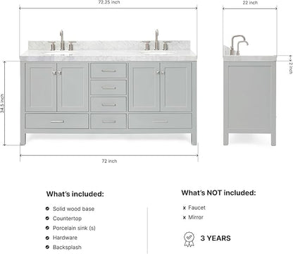 ARIEL Cambridge 72-inch Bathroom Vanity with Sink,Solid Wood, 2-inch Italian Carrara Marble Countertop & Backsplash, Double Oval Porcelain Sink, 4 Soft Closing Doors, 6 Dovetail Drawers, Grey
