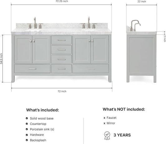 ARIEL Cambridge 72-inch Bathroom Vanity with Sink,Solid Wood, 2-inch Italian Carrara Marble Countertop & Backsplash, Double Oval Porcelain Sink, 4 Soft Closing Doors, 6 Dovetail Drawers, Grey