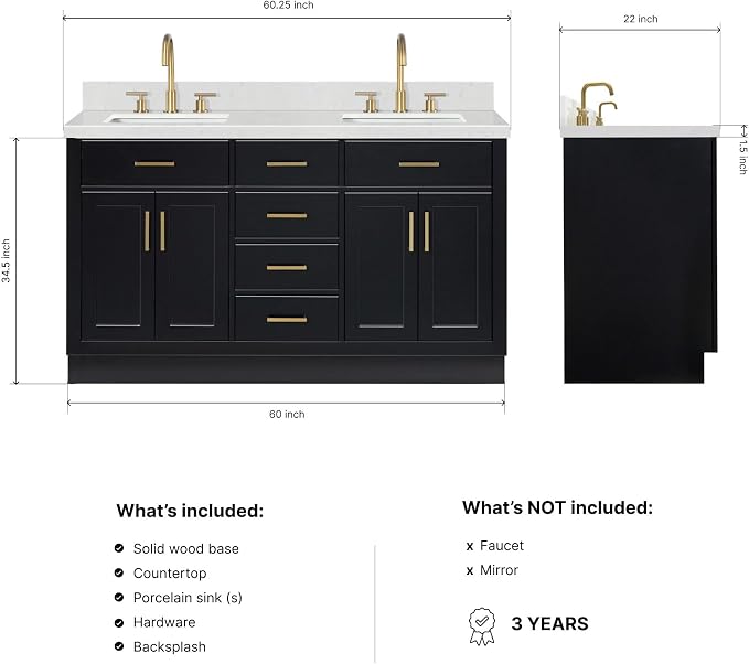 ARIEL Hepburn 60-inch Bathroom Vanity with Sink,Solid Wood, 1.5-inch Carrara White Quartz Countertop & Backsplash, Double Rectangular Porcelain Sink, 4 Soft Closing Doors, 6 Dovetail Drawers, Black